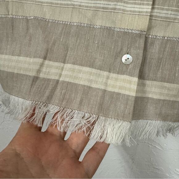 Vintage Beige & Cream Linen Button Down Shirt Womens 2 Short Sleeve Beachy Top - Picture 3 of 8